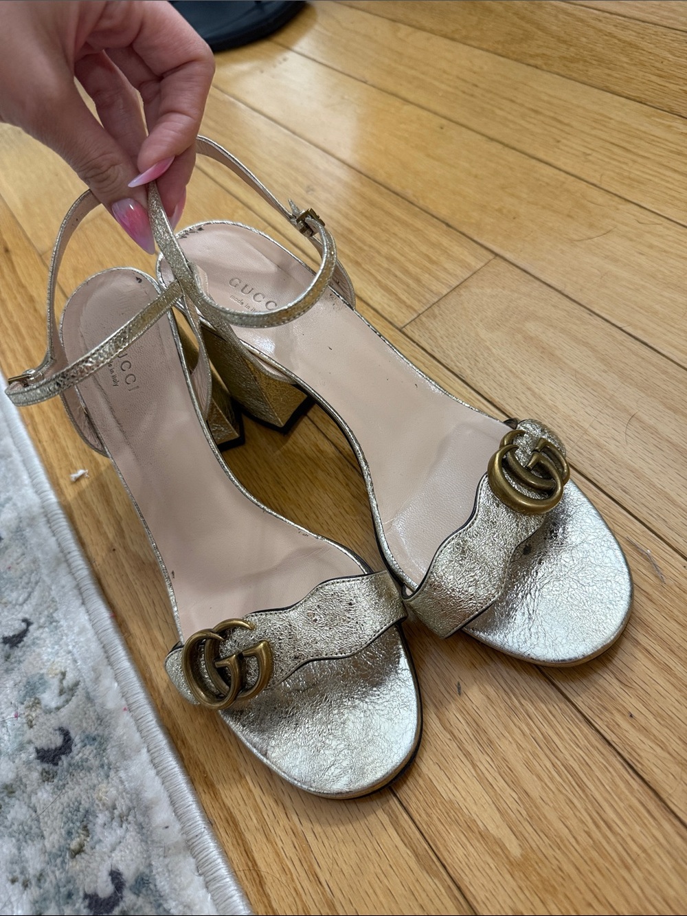 Gucci Metallic Gold Block Heel Slingback Sandals with Double G